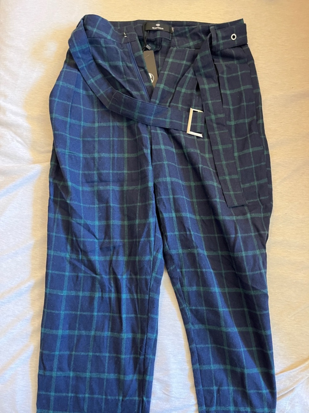 Women’s Navy and Green Plaid Trousers with Belt